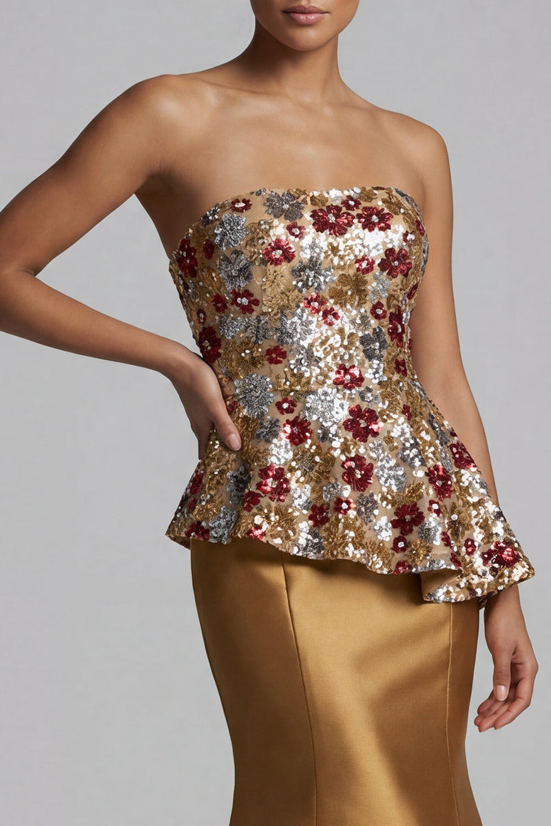 Load image into Gallery viewer, Sparkly Strapless Floral Mermaid Gold Long Mother of the Bride Dress with Sequins