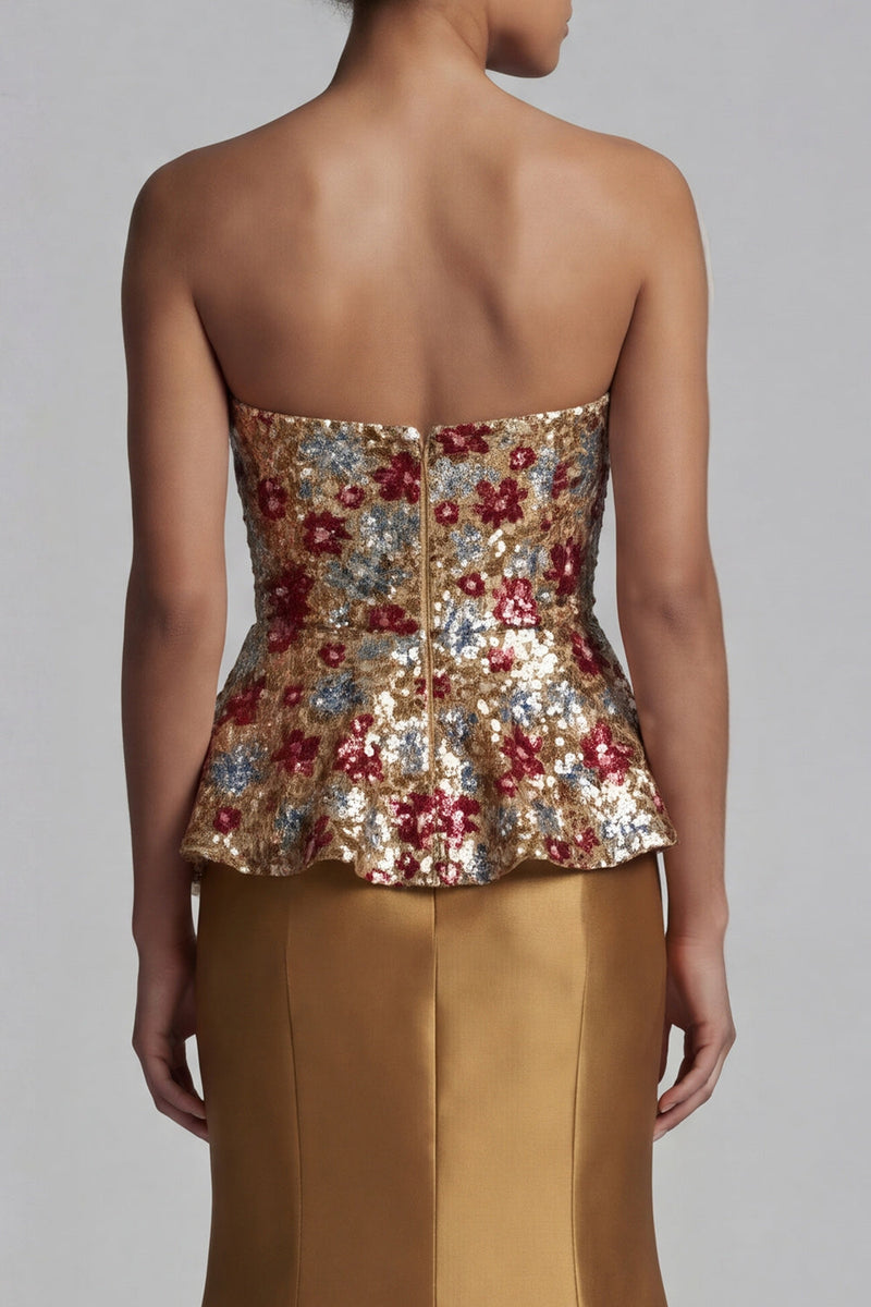 Load image into Gallery viewer, Sparkly Strapless Floral Mermaid Gold Long Mother of the Bride Dress with Sequins