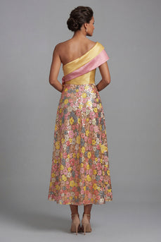 One Shoulder Sparkly Floral Yellow Long A Line Mother of the Bride Dress with Pockets