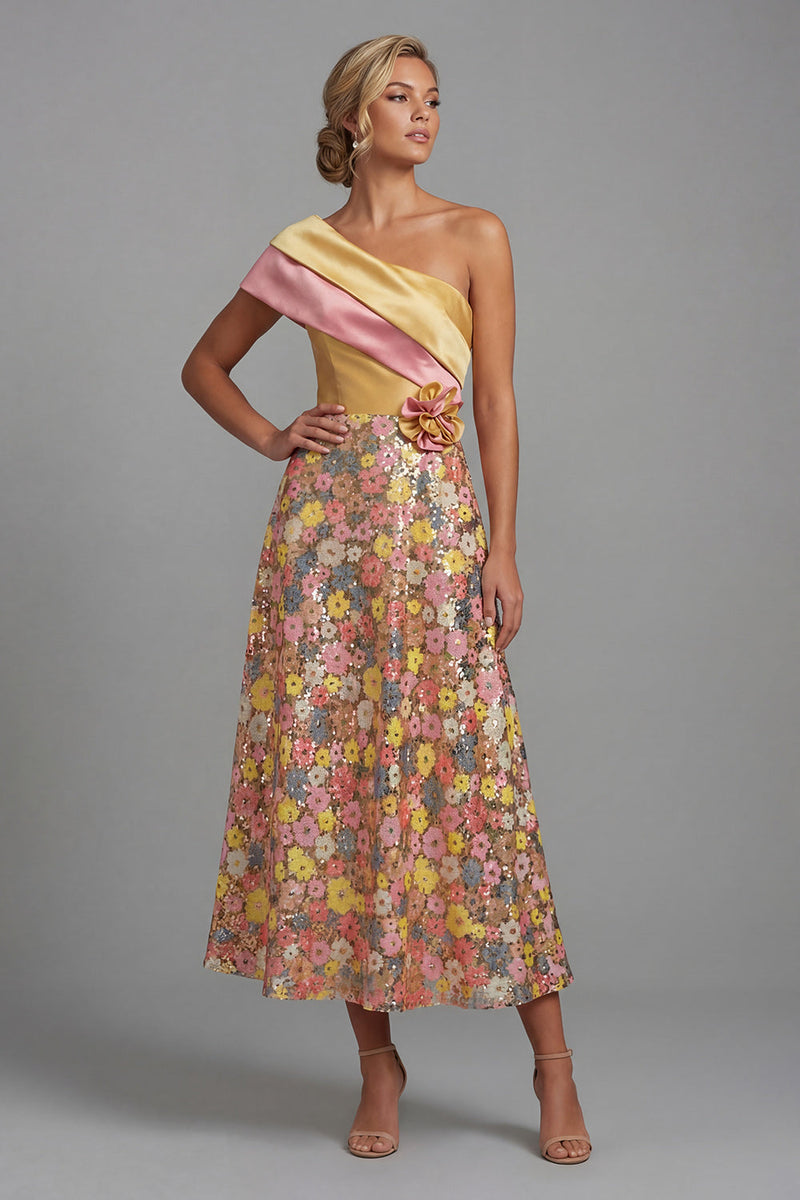Load image into Gallery viewer, One Shoulder Sparkly Floral Yellow Long A Line Mother of the Bride Dress with Pockets