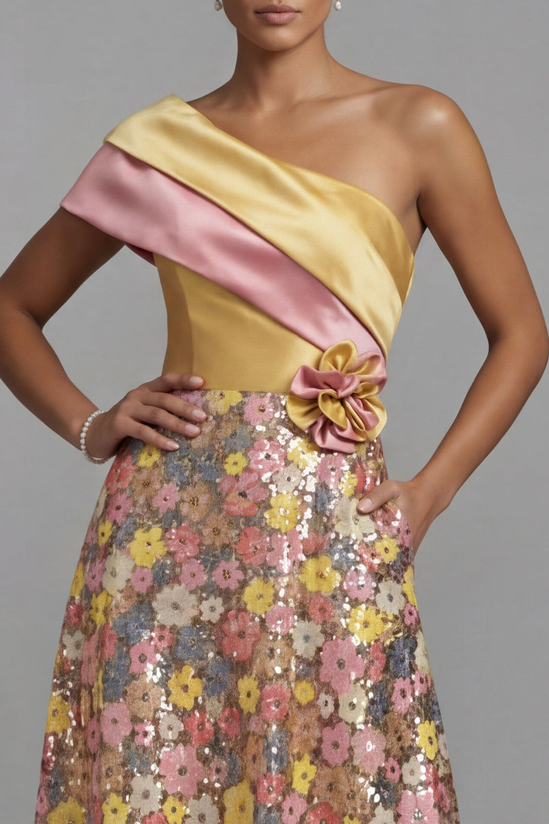 Load image into Gallery viewer, One Shoulder Sparkly Floral Yellow Long A Line Mother of the Bride Dress with Pockets