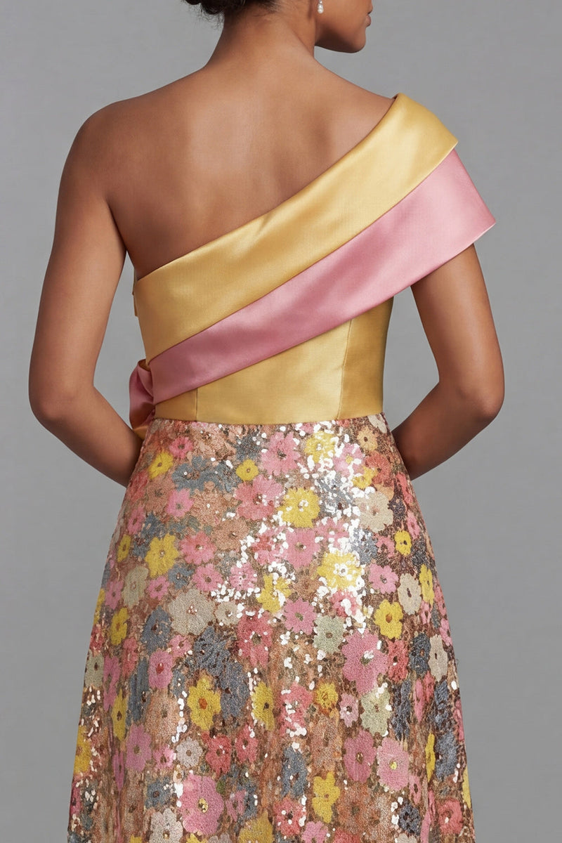 Load image into Gallery viewer, One Shoulder Sparkly Floral Yellow Long A Line Mother of the Bride Dress with Pockets