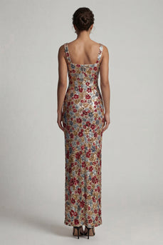 Sparkly Square Neck Floral Mermaid Red Sequin Long Mother of the Bride Dress