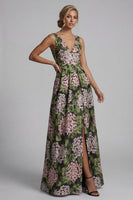 Load image into Gallery viewer, V-Neck Dark Green Long Floral A Line Mother of the Bride Dress with Pockets