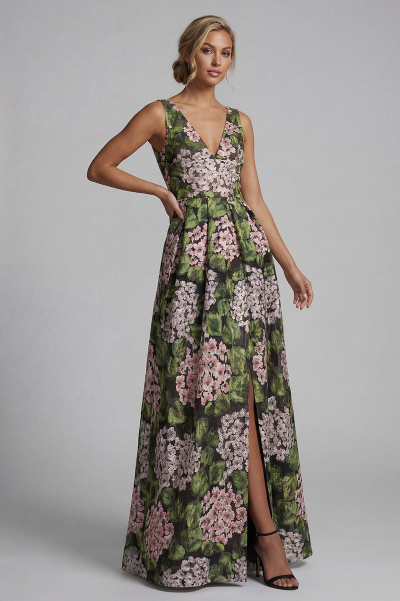 Load image into Gallery viewer, V-Neck Dark Green Long Floral A Line Mother of the Bride Dress with Pockets