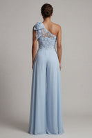 Load image into Gallery viewer, Sky Blue Long Floral One Shoulder Mother of the Bride Pantsuits with Bow