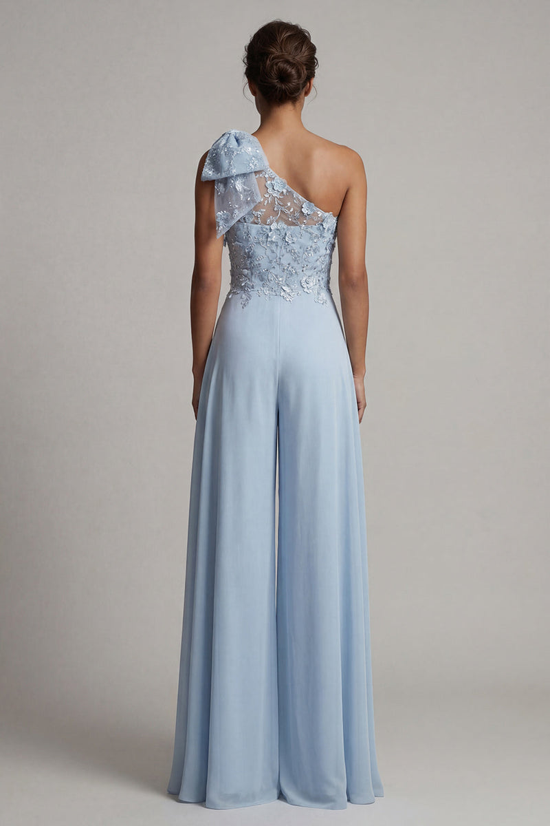Load image into Gallery viewer, Sky Blue Long Floral One Shoulder Mother of the Bride Pantsuits with Bow