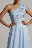 Load image into Gallery viewer, Sky Blue Long Floral One Shoulder Mother of the Bride Pantsuits with Bow