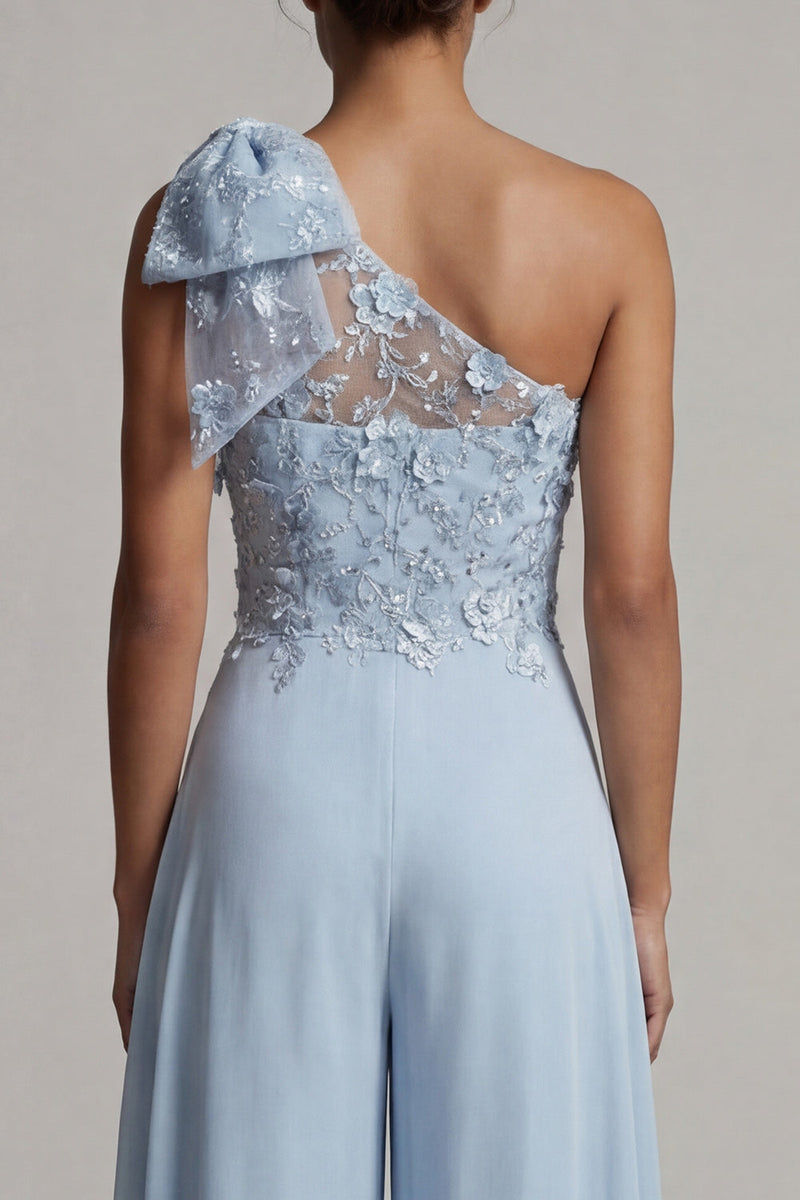 Load image into Gallery viewer, Sky Blue Long Floral One Shoulder Mother of the Bride Pantsuits with Bow