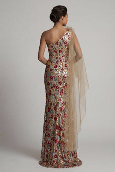 Floral Mermaid Sparkly Red Sequin Ruffled Long Mother of the Bride Dress with Side Cape