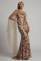 Load image into Gallery viewer, Floral Mermaid Sparkly Red Sequin Ruffled Long Mother of the Bride Dress with Side Cape