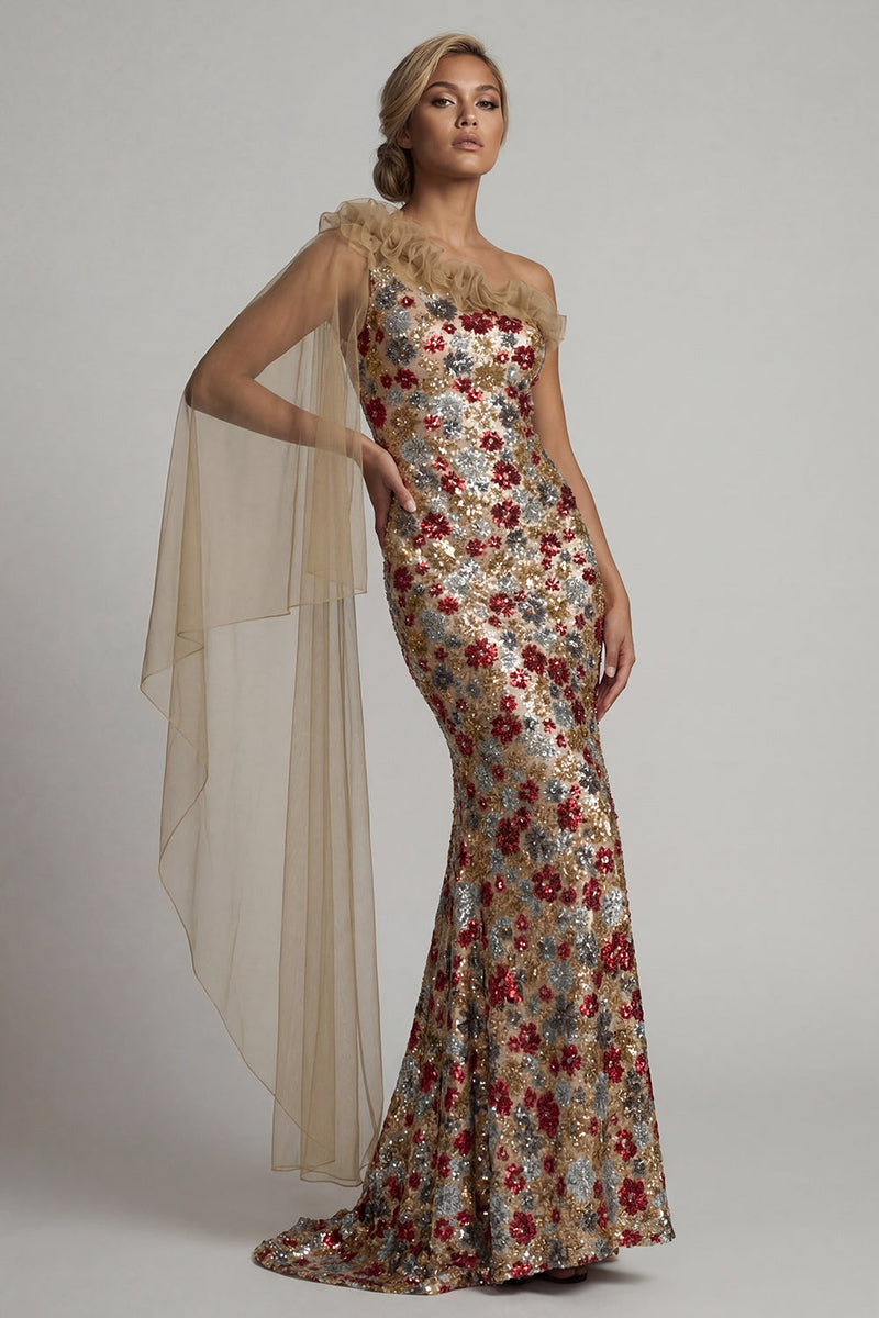 Load image into Gallery viewer, Floral Mermaid Sparkly Red Sequin Ruffled Long Mother of the Bride Dress with Side Cape