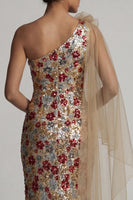 Load image into Gallery viewer, Floral Mermaid Sparkly Red Sequin Ruffled Long Mother of the Bride Dress with Side Cape