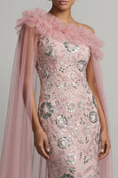 Load image into Gallery viewer, Ruffled Mermaid Sparkly Beaded Long Pink Mother of the Bride Dress with Cape