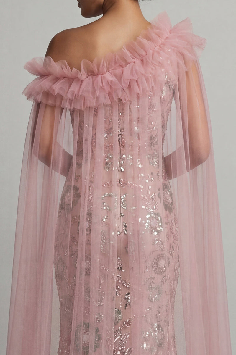 Load image into Gallery viewer, Ruffled Mermaid Sparkly Beaded Long Pink Mother of the Bride Dress with Cape