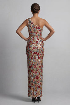 Sparkly One Shoulder Floral Mermaid Red Sequin Long Mother of the Bride Dress