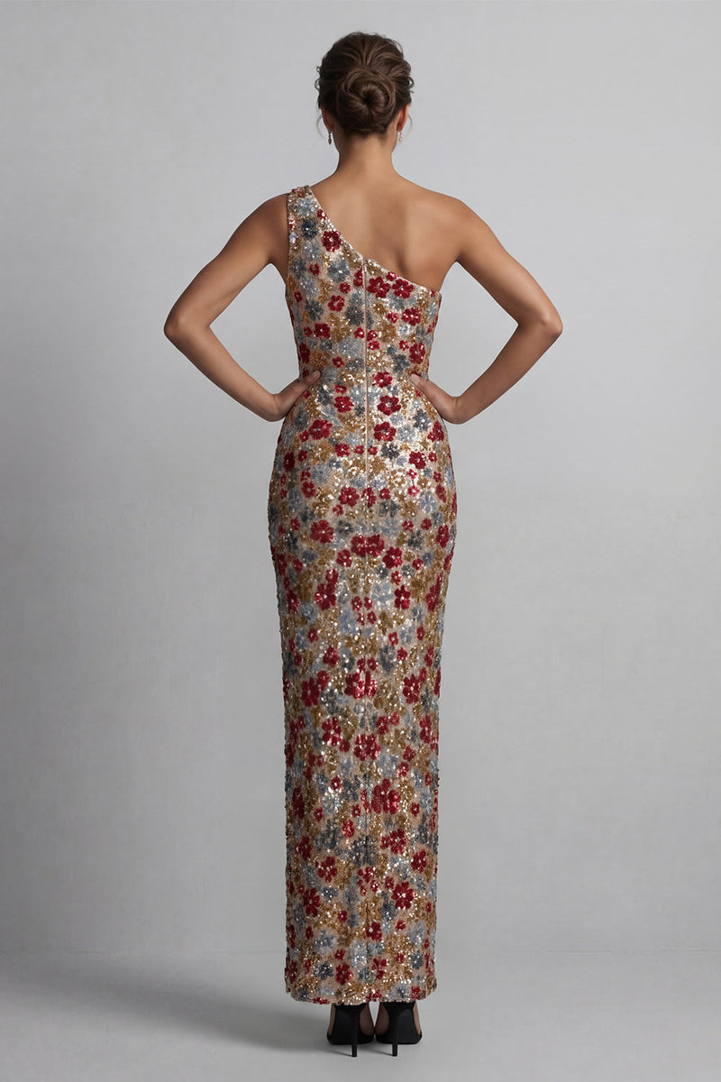 Load image into Gallery viewer, Sparkly One Shoulder Floral Mermaid Red Sequin Long Mother of the Bride Dress