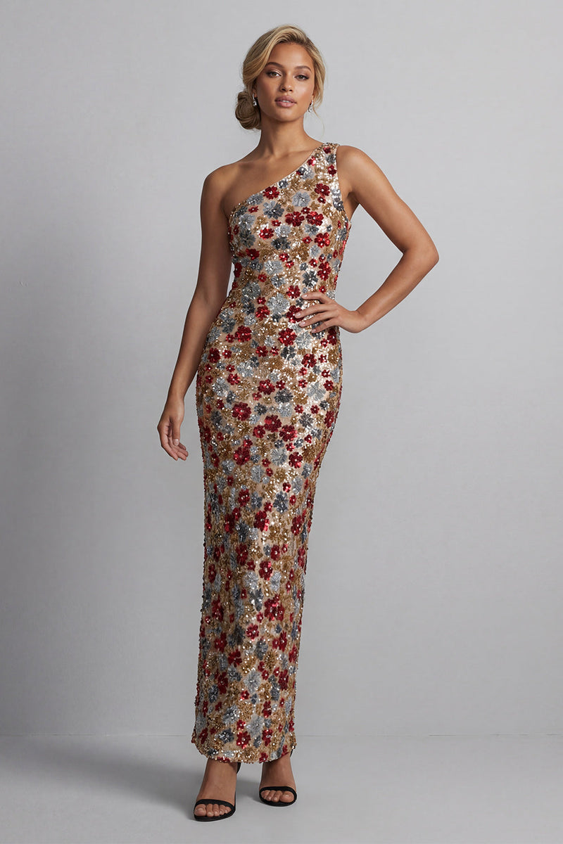 Load image into Gallery viewer, Sparkly One Shoulder Floral Mermaid Red Sequin Long Mother of the Bride Dress