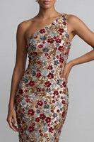 Load image into Gallery viewer, Sparkly One Shoulder Floral Mermaid Red Sequin Long Mother of the Bride Dress