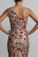 Load image into Gallery viewer, Sparkly One Shoulder Floral Mermaid Red Sequin Long Mother of the Bride Dress
