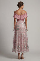 Load image into Gallery viewer, Sparkly A Line Long Off the Shoulder Beaded Pink Mother of the Bride Dress