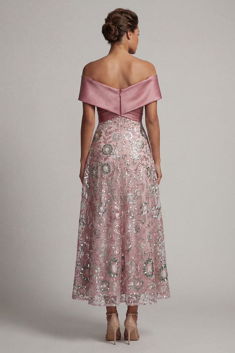 Load image into Gallery viewer, Sparkly A Line Long Off the Shoulder Beaded Pink Mother of the Bride Dress