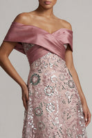 Load image into Gallery viewer, Sparkly A Line Long Off the Shoulder Beaded Pink Mother of the Bride Dress