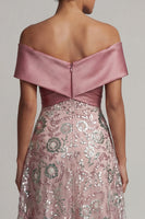 Load image into Gallery viewer, Sparkly A Line Long Off the Shoulder Beaded Pink Mother of the Bride Dress