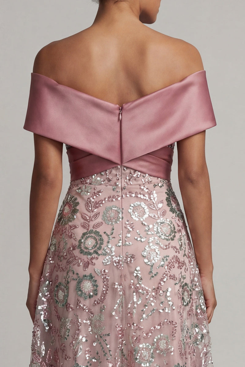 Load image into Gallery viewer, Sparkly A Line Long Off the Shoulder Beaded Pink Mother of the Bride Dress