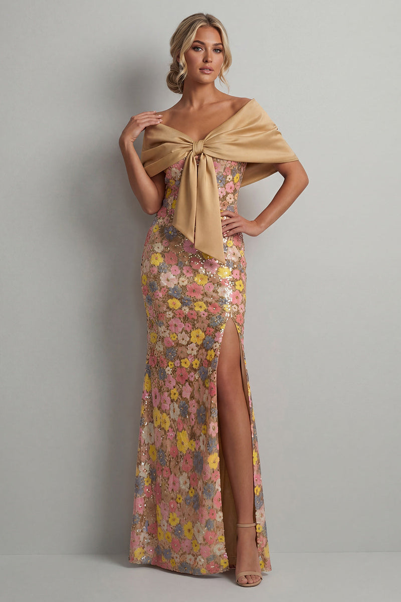 Load image into Gallery viewer, Floral Mermaid Yellow Sparkly Long Mother of the Bride Dress with Slit
