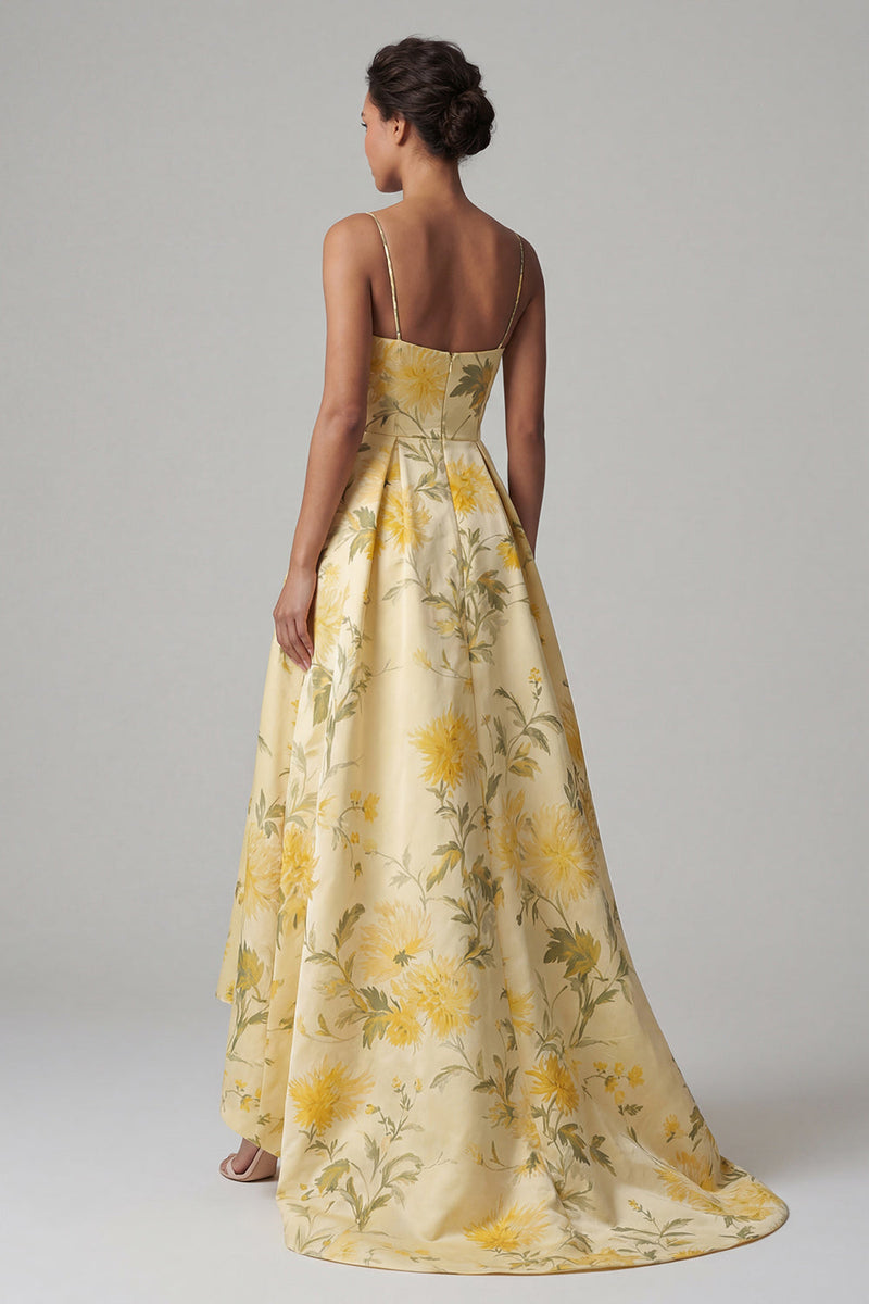 Load image into Gallery viewer, Butter Yellow Floral A Line Spaghetti Straps High Low Mother of the Bride Dress
