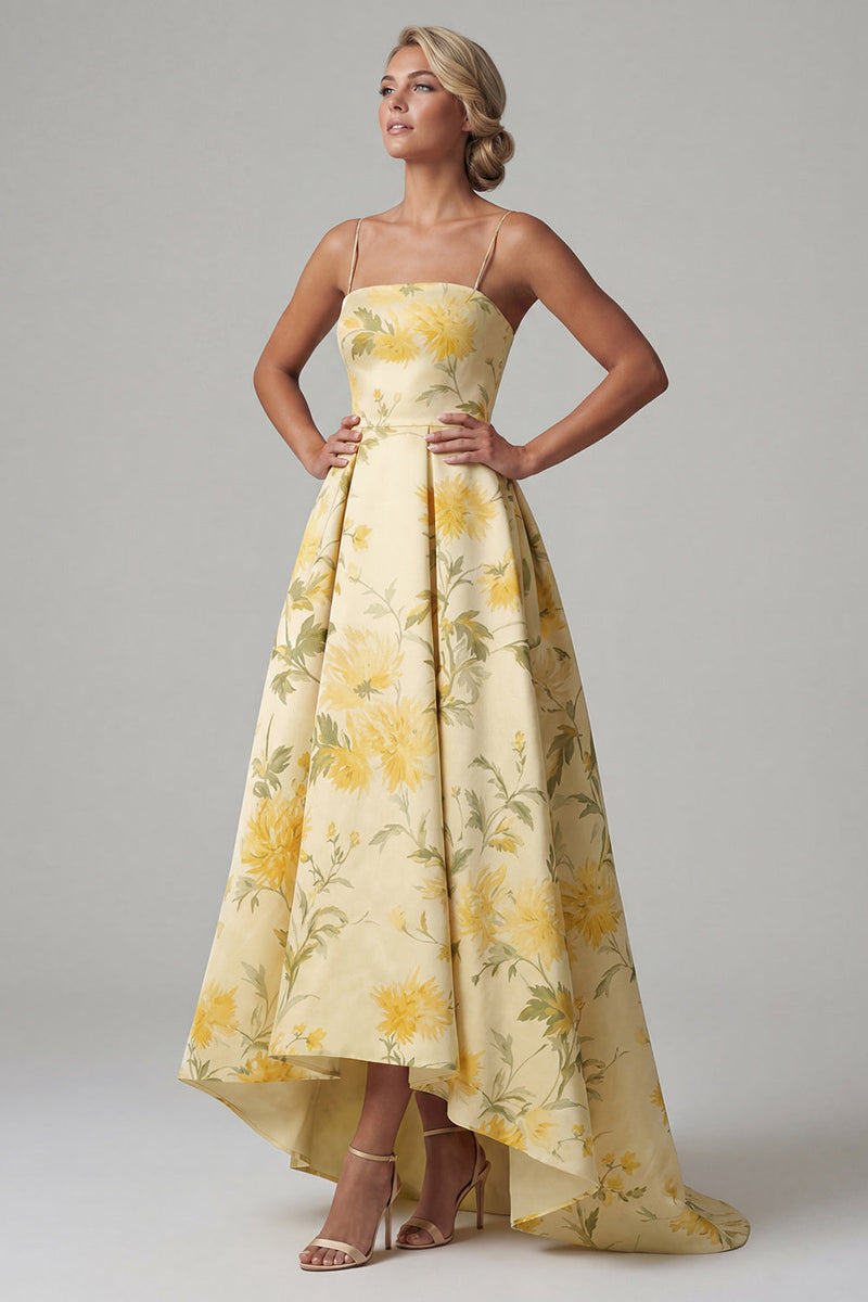 Load image into Gallery viewer, Butter Yellow Floral A Line Spaghetti Straps High Low Mother of the Bride Dress