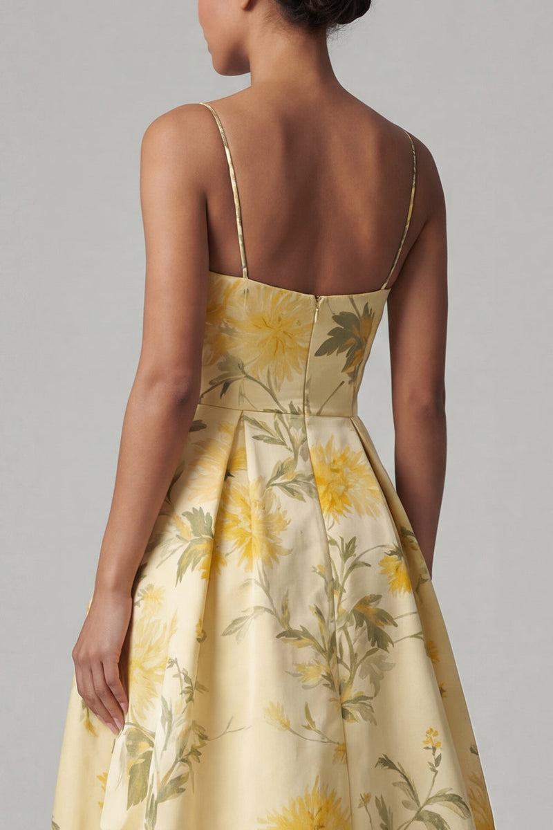 Load image into Gallery viewer, Butter Yellow Floral A Line Spaghetti Straps High Low Mother of the Bride Dress