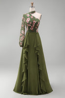 Load image into Gallery viewer, Eucalyptus Long Sleeves Floral A Line Long Mother of the Bride Dress with Ruffles