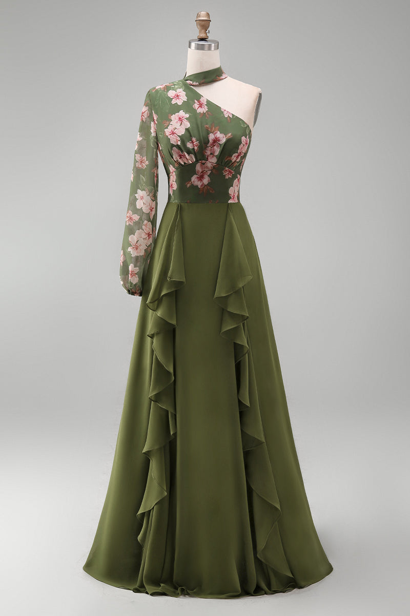 Load image into Gallery viewer, Eucalyptus Long Sleeves Floral A Line Long Mother of the Bride Dress with Ruffles