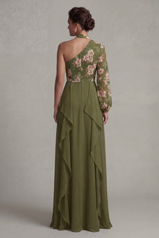 Eucalyptus Long Sleeves Floral A Line Long Mother of the Bride Dress with Ruffles