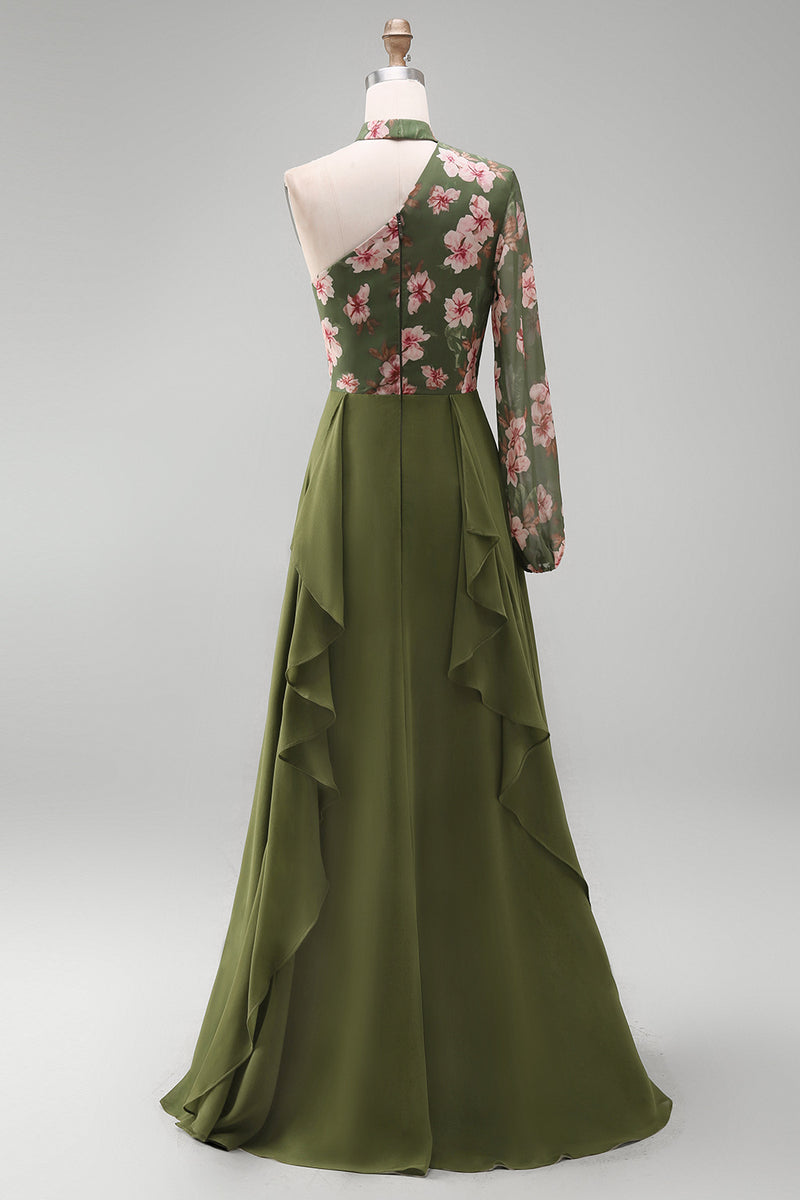 Load image into Gallery viewer, Eucalyptus Long Sleeves Floral A Line Long Mother of the Bride Dress with Ruffles