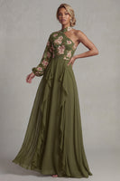 Load image into Gallery viewer, Eucalyptus Long Sleeves Floral A Line Long Mother of the Bride Dress with Ruffles