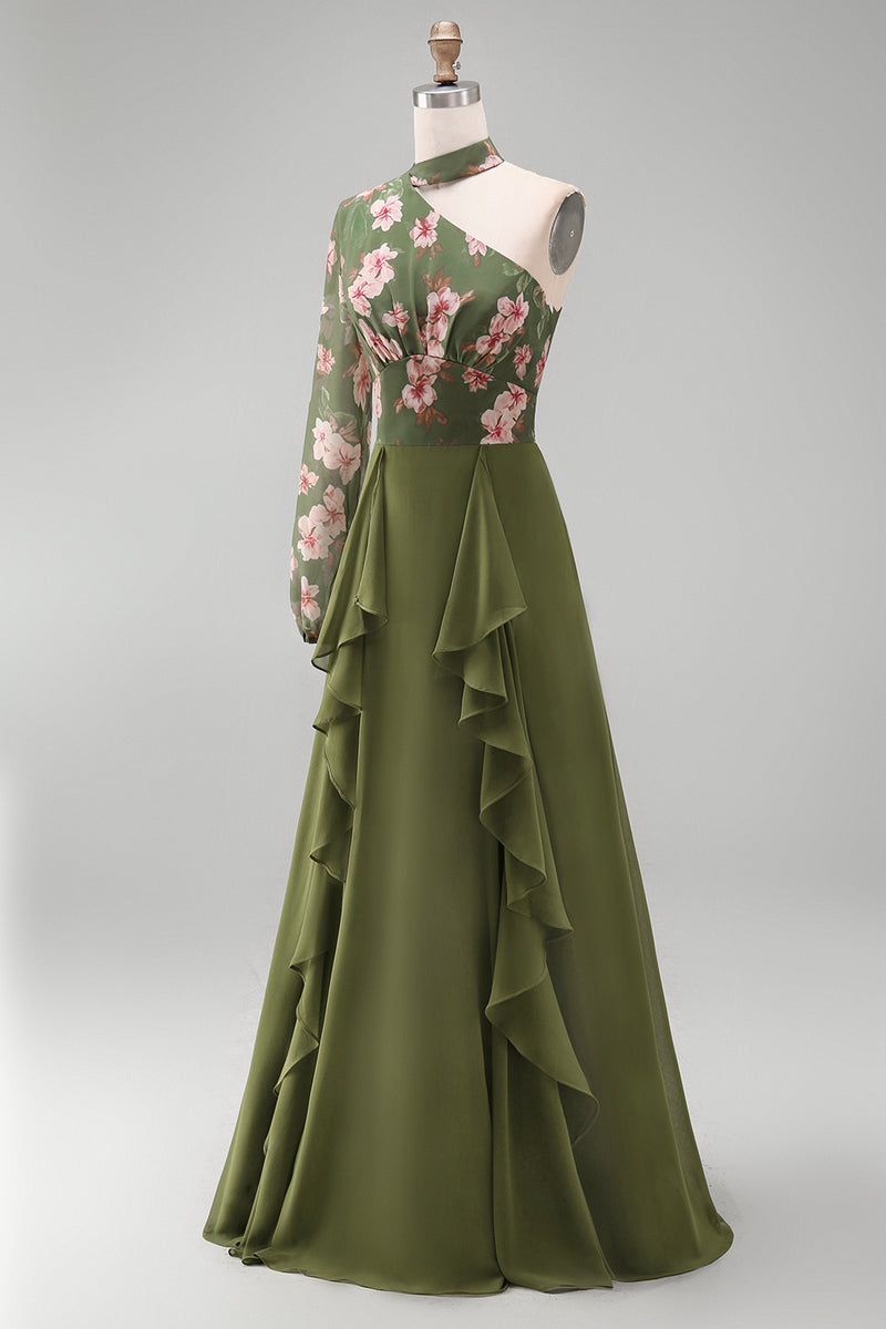 Load image into Gallery viewer, Eucalyptus Long Sleeves Floral A Line Long Mother of the Bride Dress with Ruffles