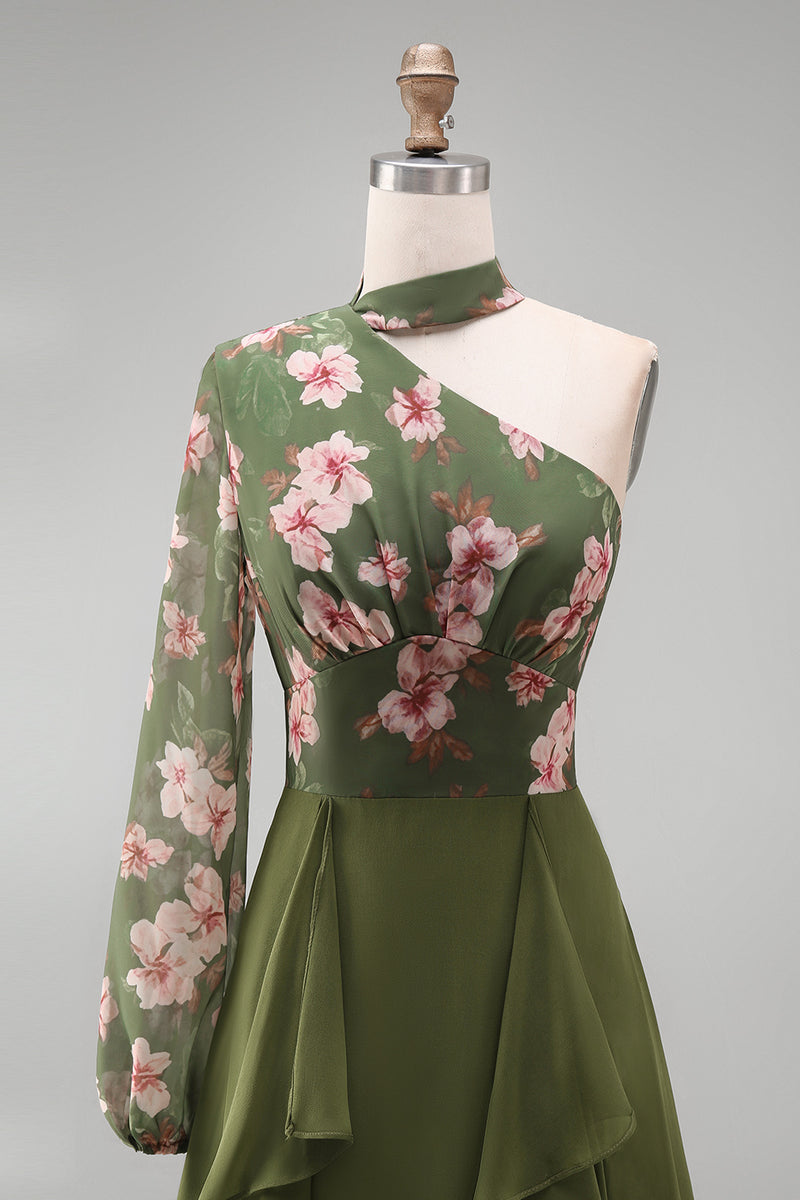 Load image into Gallery viewer, Eucalyptus Long Sleeves Floral A Line Long Mother of the Bride Dress with Ruffles