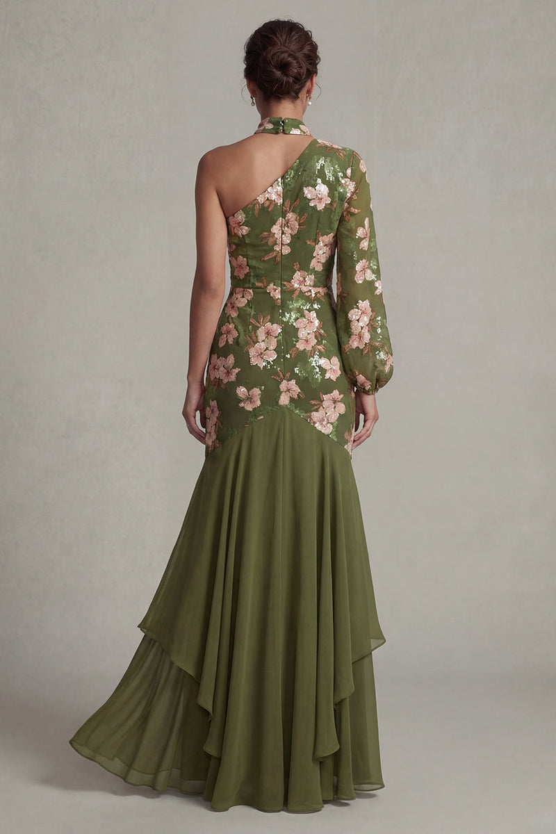 Load image into Gallery viewer, Mermaid Eucalyptus Sparkly Floral Long Mother of the Bride Dress with Ruffles