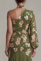 Load image into Gallery viewer, Mermaid Eucalyptus Sparkly Floral Long Mother of the Bride Dress with Ruffles