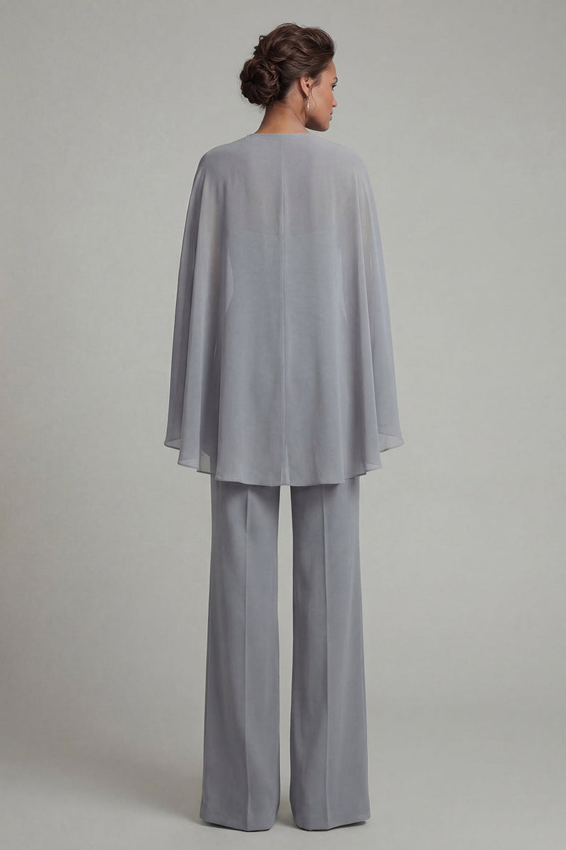 Load image into Gallery viewer, Sparkly Grey Blue Floral Halter Ruched Mother of the Bride Jumpsuits with Cape