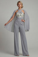 Load image into Gallery viewer, Sparkly Grey Blue Floral Halter Ruched Mother of the Bride Jumpsuits with Cape