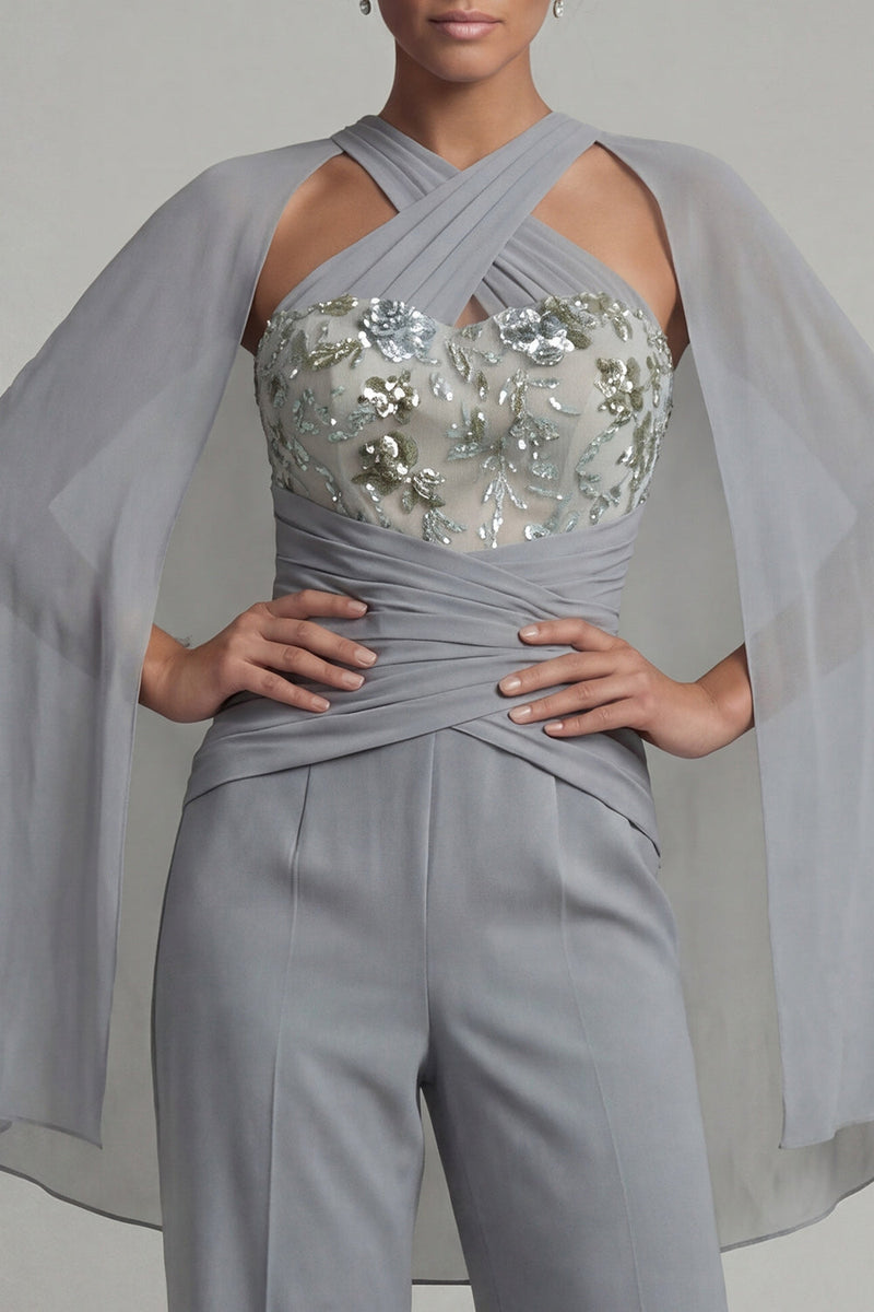 Load image into Gallery viewer, Sparkly Grey Blue Floral Halter Ruched Mother of the Bride Jumpsuits with Cape