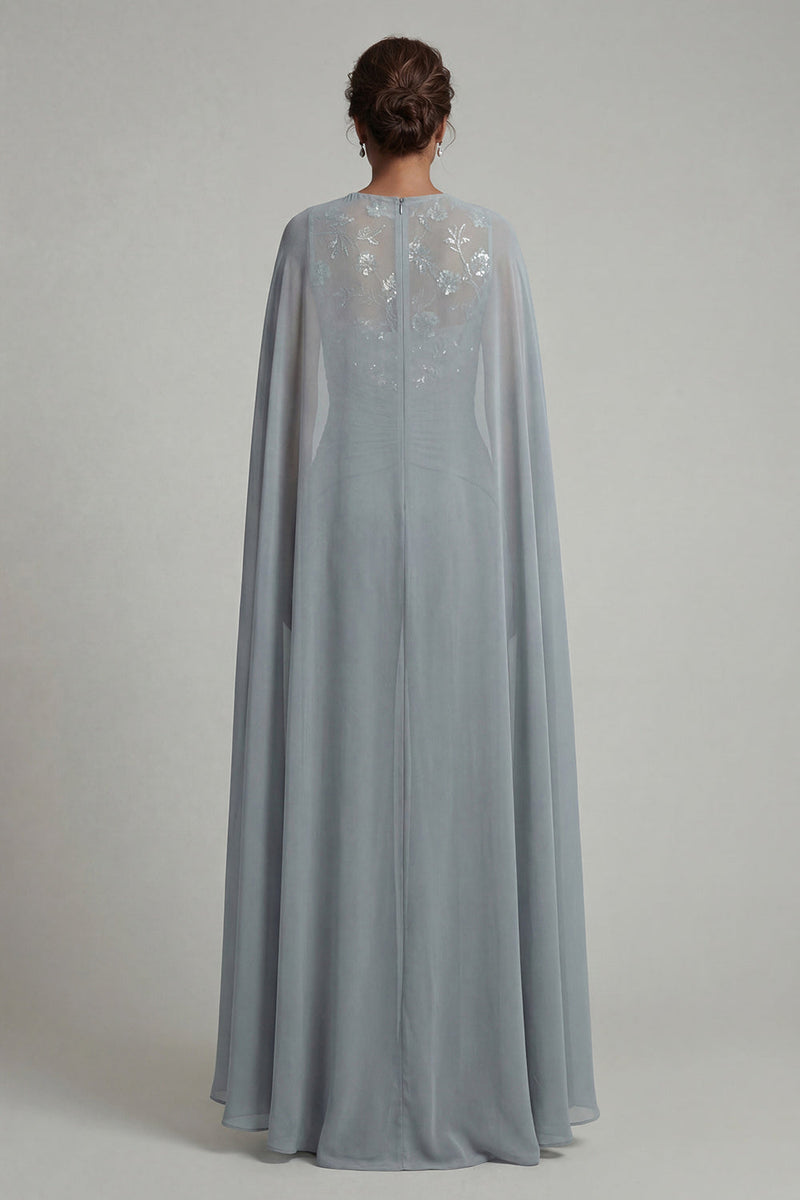 Load image into Gallery viewer, Boat Neck Sparkly Floral Grey Blue Ruched Mother of the Bride Jumpsuits with Cape