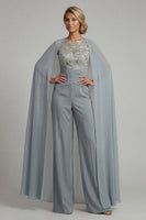 Load image into Gallery viewer, Boat Neck Sparkly Floral Grey Blue Ruched Mother of the Bride Jumpsuits with Cape