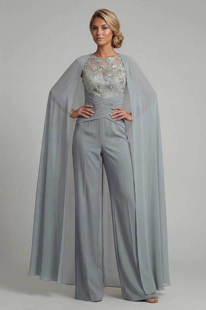 Load image into Gallery viewer, Boat Neck Sparkly Floral Grey Blue Ruched Mother of the Bride Jumpsuits with Cape