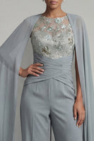 Load image into Gallery viewer, Boat Neck Sparkly Floral Grey Blue Ruched Mother of the Bride Jumpsuits with Cape