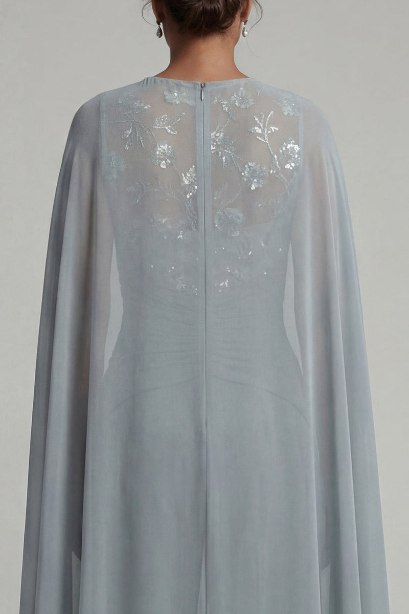 Load image into Gallery viewer, Boat Neck Sparkly Floral Grey Blue Ruched Mother of the Bride Jumpsuits with Cape